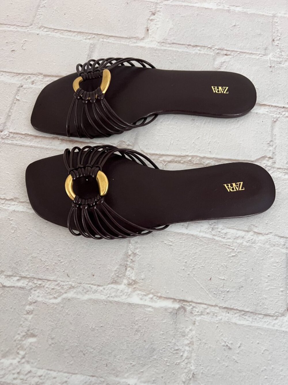 Zara Brown Flat Sandals with Metallic Trim Size 6.5 - Picture 4 of 6